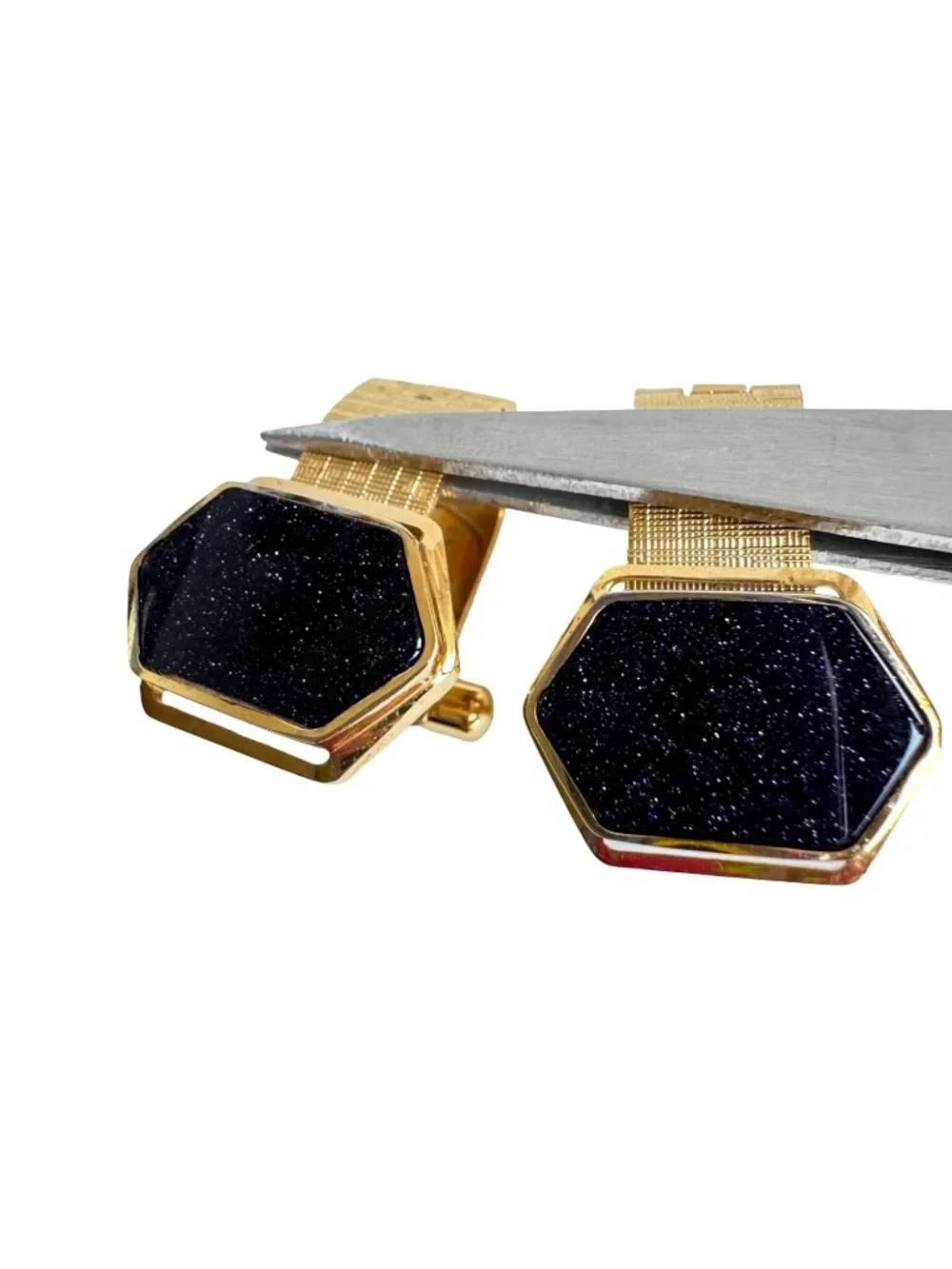 Vintage Black Goldstone Cufflinks Tie Tack Set Gold Tone Hexagon Sparkle Suit
